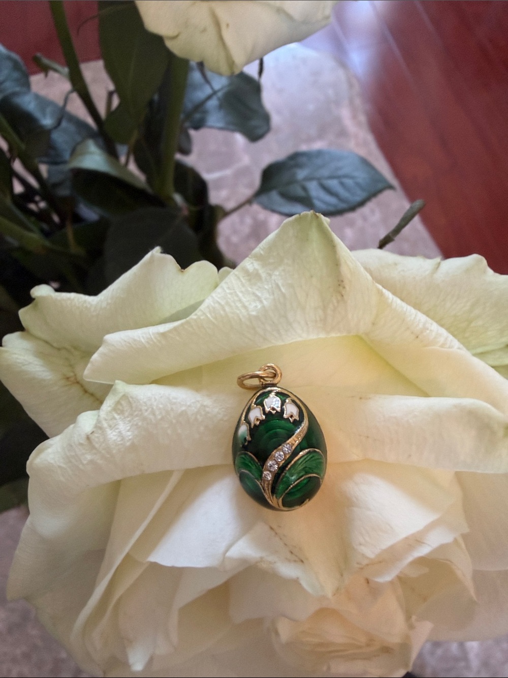 Green Enamel Floral Egg Pendant with Gold Accents
